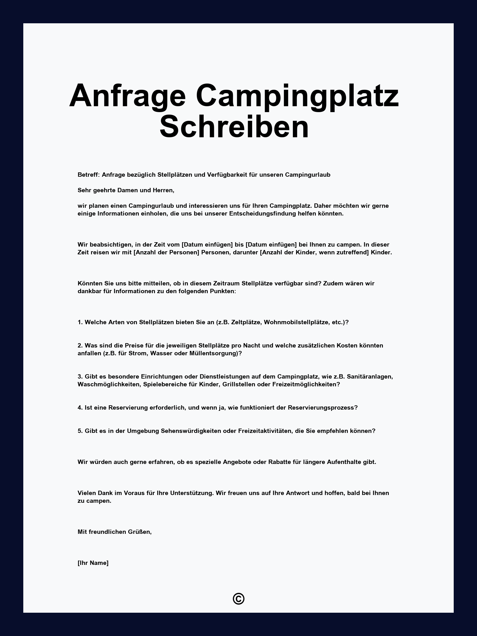 Anfrage Campingplatz Schreiben